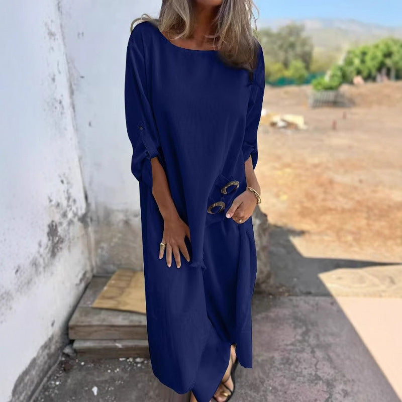 Casual maxi dress for women with a deep round neckline and practical button details Lune London