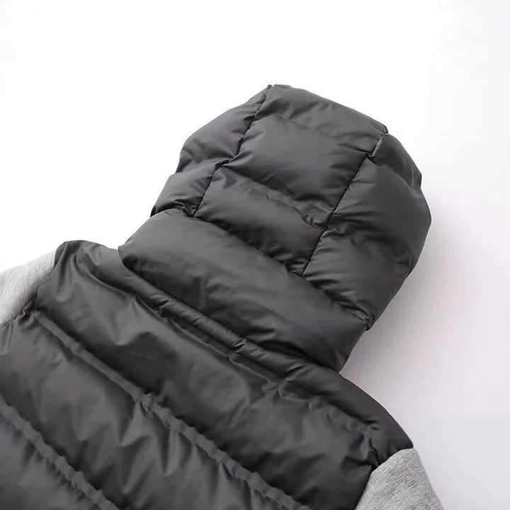 Ladies Hooded Hybrid Jacket with Quilted Front and Sweat Sleeves Amarae
