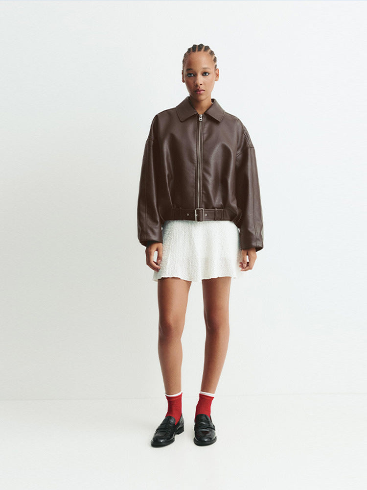Fashion faux leather jacket for women with a loose fit and a waist belt Lune London