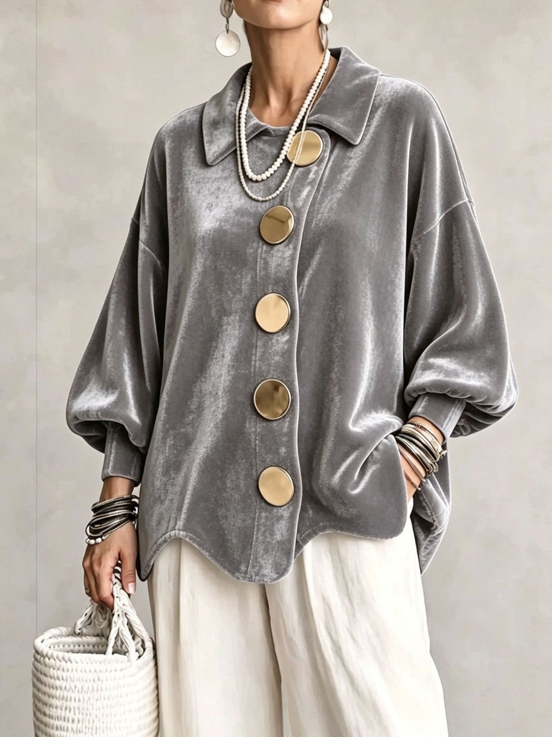 Women's Oversized Velvet Jacket with Large Decorative Buttons and Balloon Sleeves Amarae