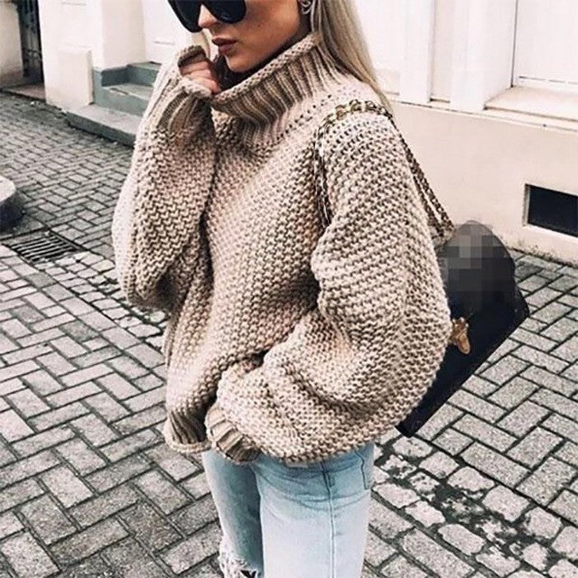 Women's Chunky Knit Pullover with Stand-Up Collar and Voluminous Sleeves Lune London