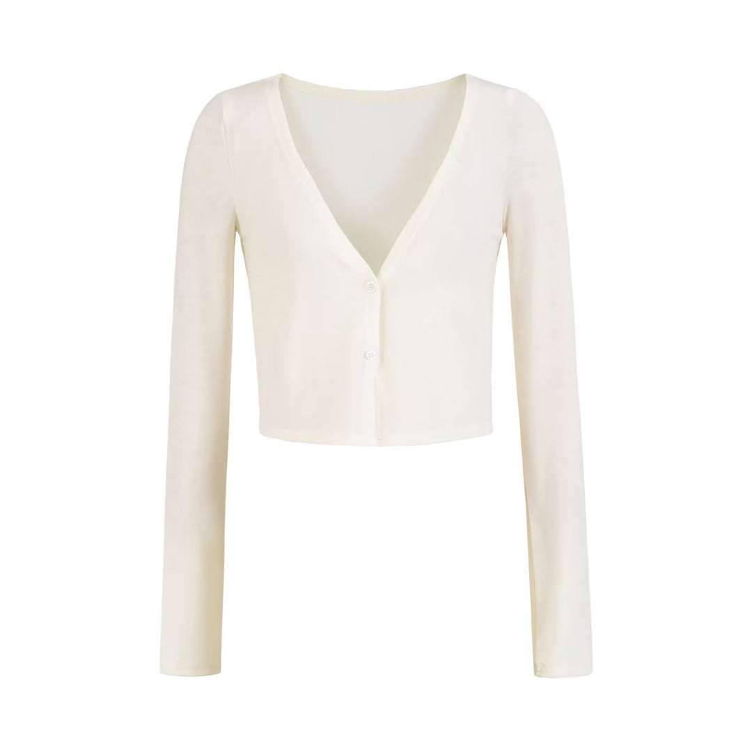 Women's Short Fine Knit Cardigan with Deep V-Neck and Button Front Amarae