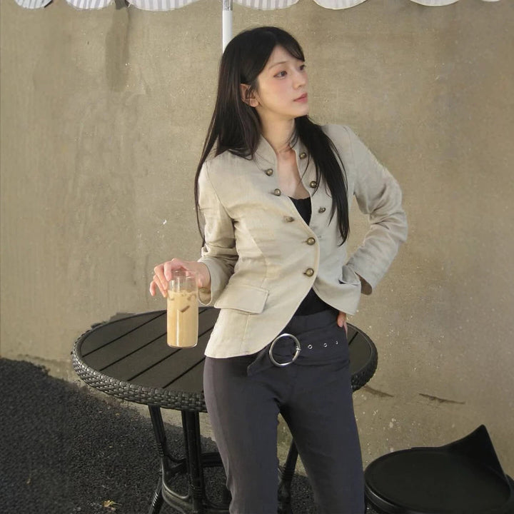 Women Tailored Linen Blazer with Stand-up Collar and Decorative Button Placket Amarae