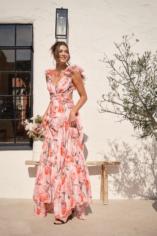Women's maxi dress with floral ruffles and swinging design