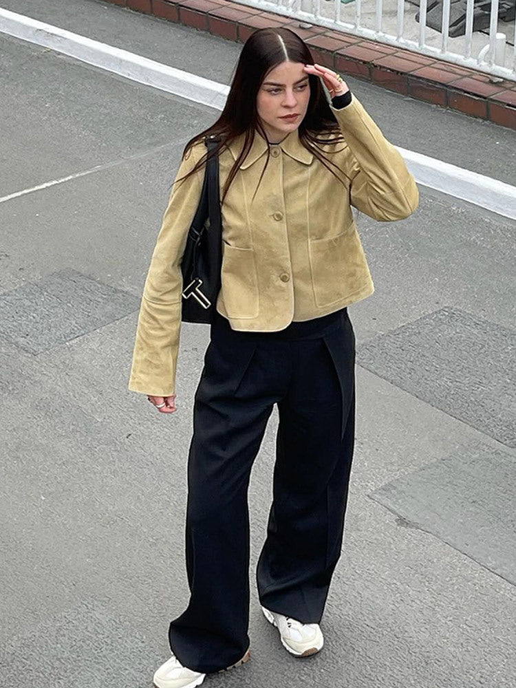 Women's Short Suede Jacket with Rounded Collar and Boxy Cropped Cut Amarae