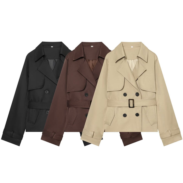 Women's Short Cropped Trench Coat with Double-Breasted Button Placket, Waist Belt, and Epaulettes Amarae