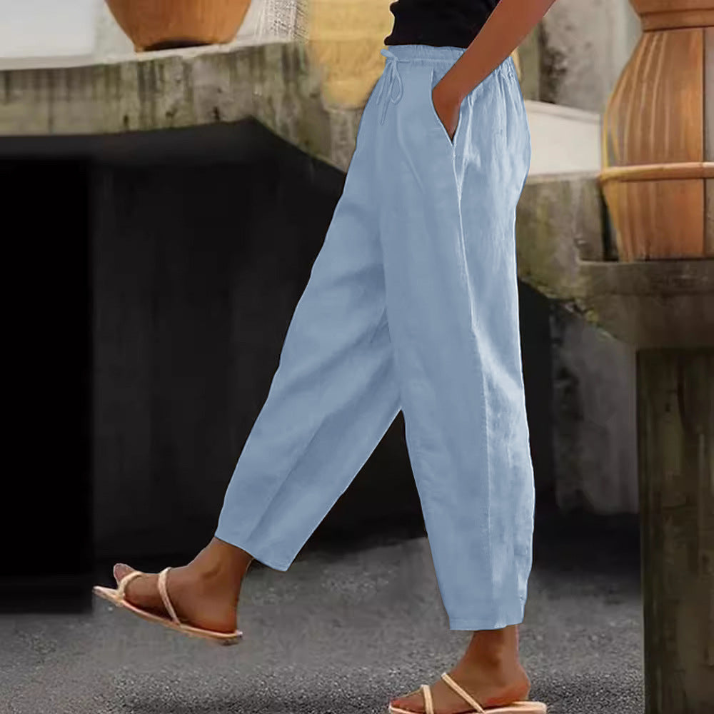 Women's Linen Blend Cropped Pants with Elastic Waistband, Drawstring and Side Pockets Amarae