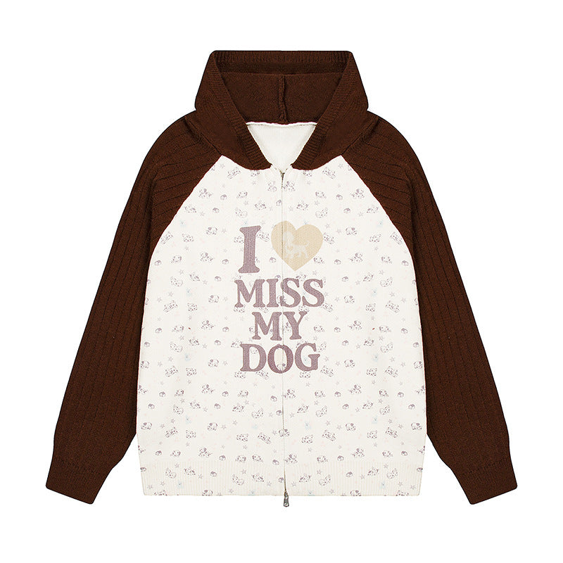 Women's hoodie cardigan with full zip, ribbed sleeves, and dog statement print Amarae