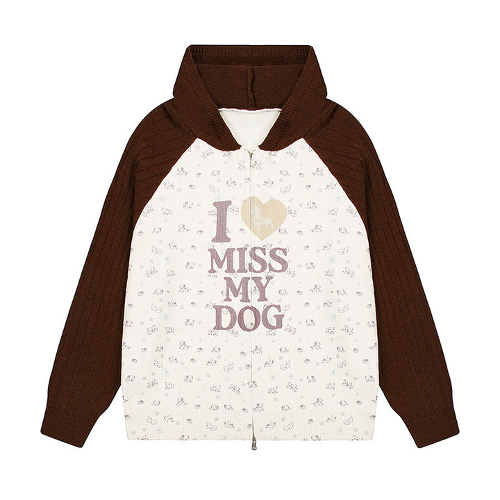 Women's hoodie cardigan with full zip, ribbed sleeves, and dog statement print Amarae