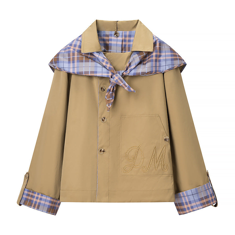 Women's Short Jacket with Removable Check Scarf Collar and Embroidered Patch Pocket Amarae