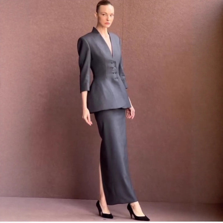 Women Tailored Peplum Blazer with Emphasized Waist and Deep V-Neck Amarae