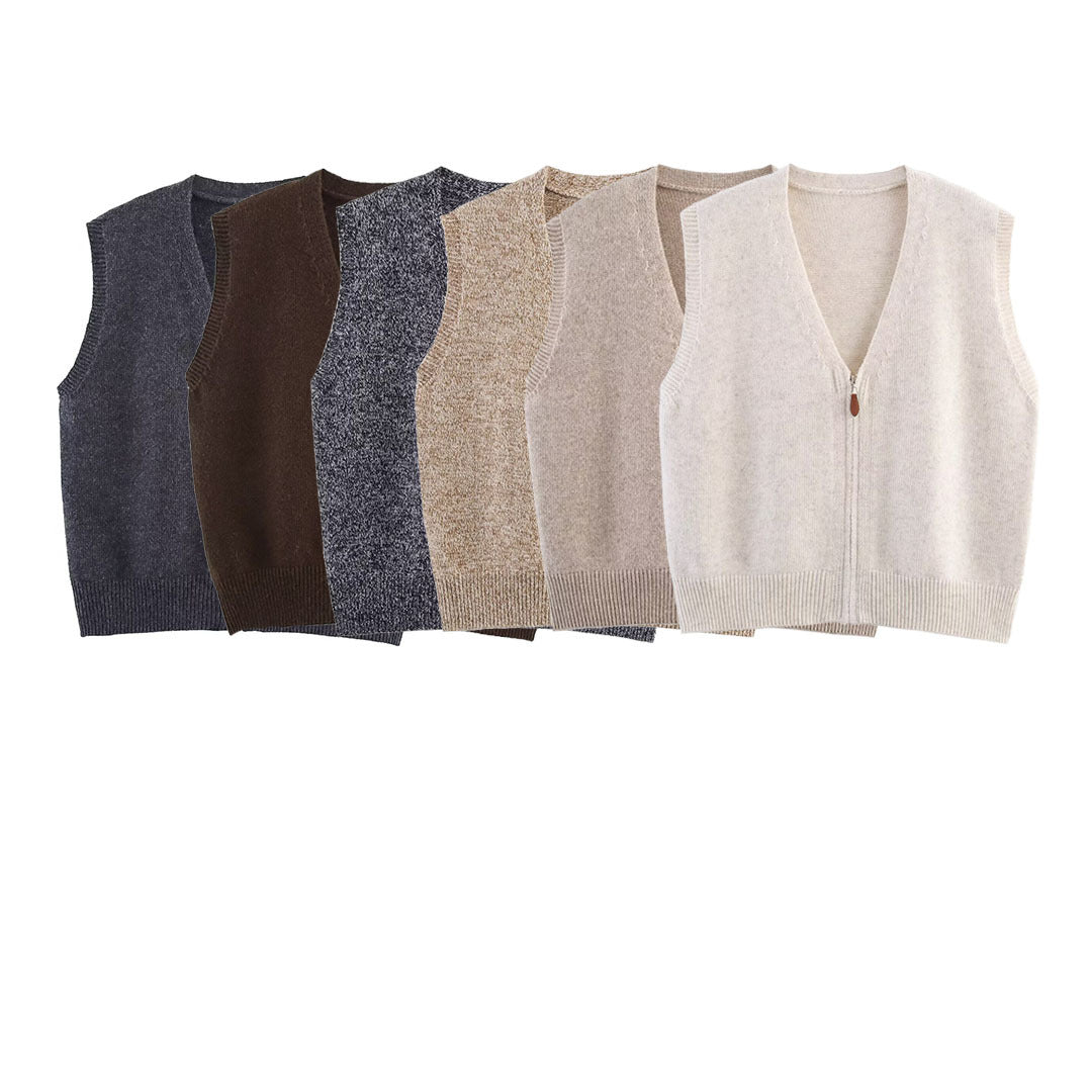 Women's knitted vest with full-length zipper and V-neck Amarae