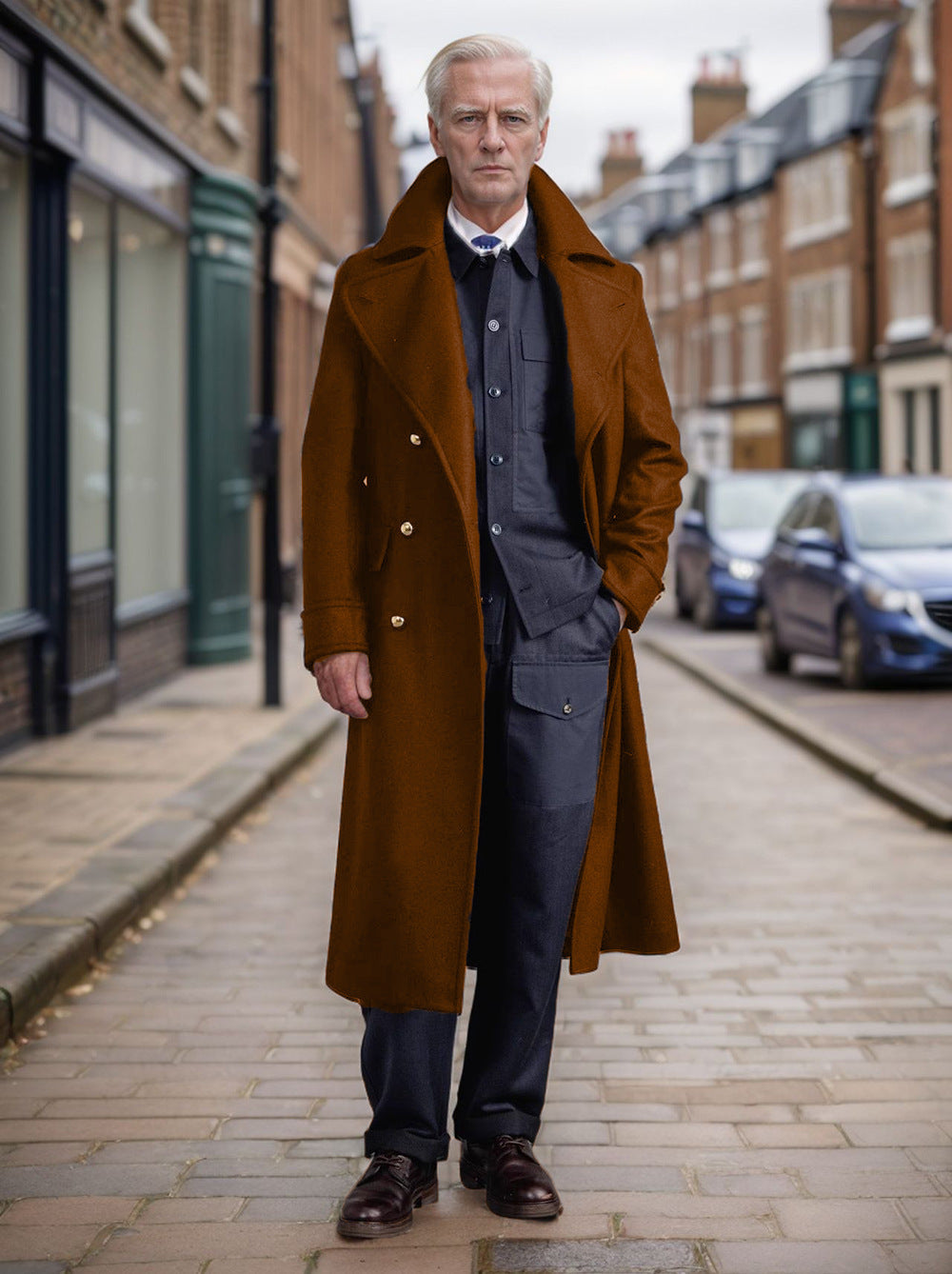 Elegant long coat for men with double-breasted buttons and wide lapels Amarae