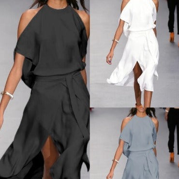 Ladies Elegant and Flowing Maxi Dress with Plunging Neckline and Defined Waist Amarae