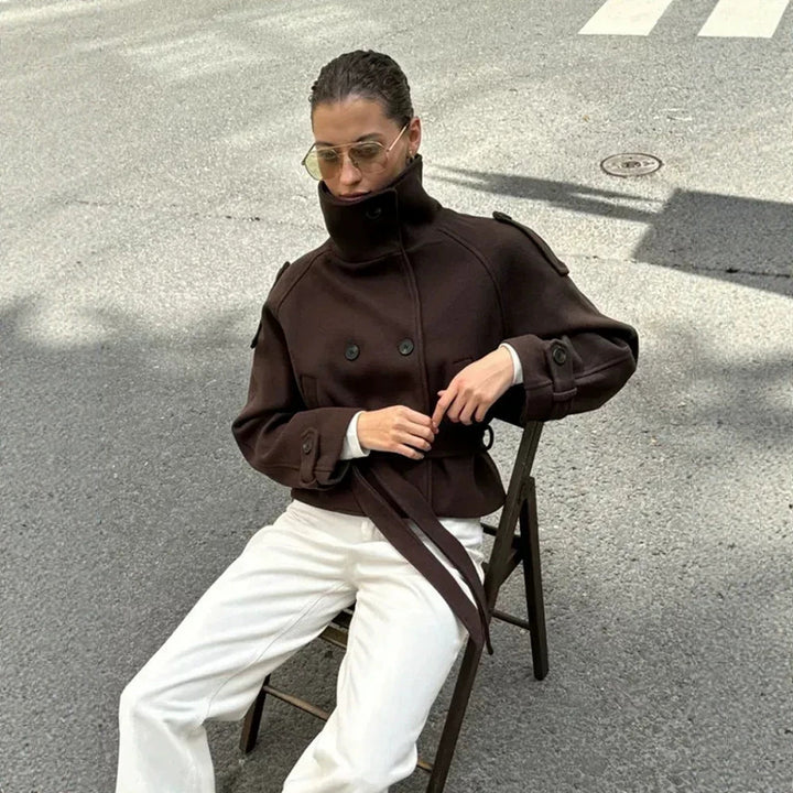 Ladies short cut wool blend jacket with high stand-up collar and waist belt Amarae