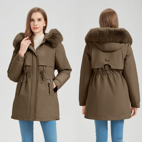 Women's Functional Parka with Removable Faux Fur Collar and Waist Drawstring Amarae