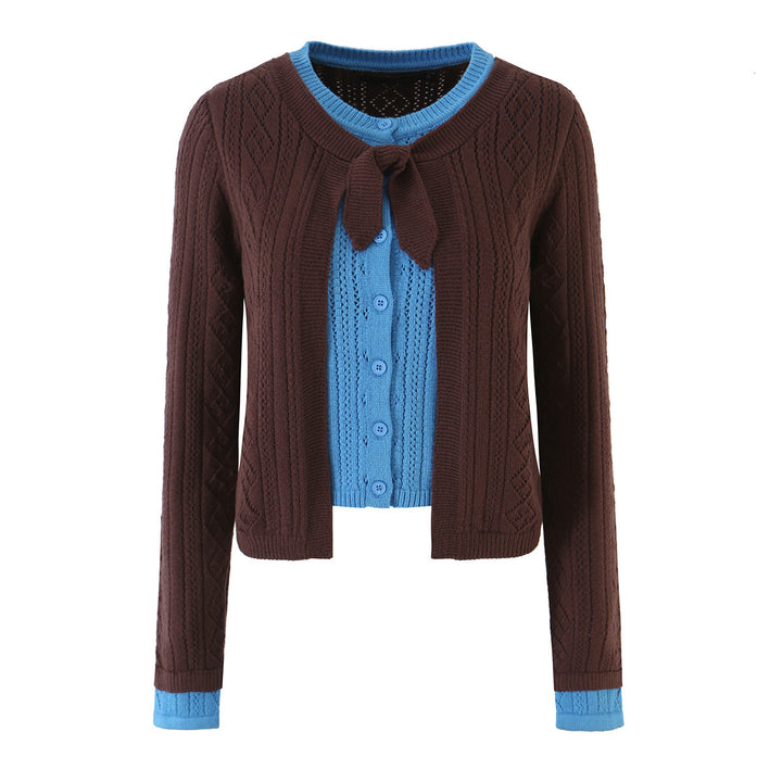 Women Fine Knit Two-Piece Cardigan with Bow Collar and Decorative Waistcoat Amarae