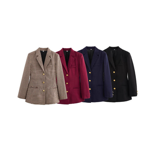 Plaid blazer for women with gold button details Amarae