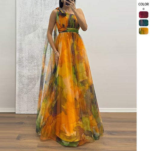 Women's Festive Maxi Dress with Sheer Chiffon Overlays and Delicate Ruffle Design