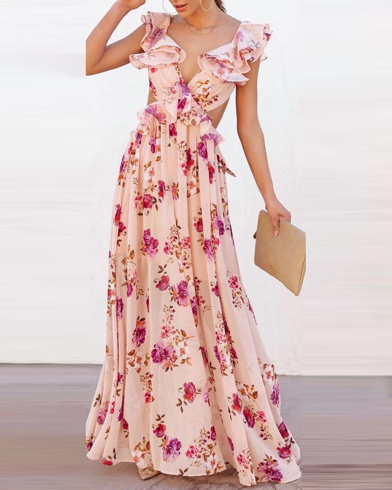 Women's Elegant Maxi Dress with Ruffle Details and Floral Design