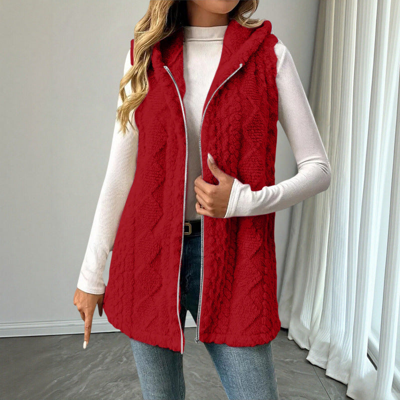 Women's Hooded Teddy Vest with Zipper and Structured Knit Look Amarae