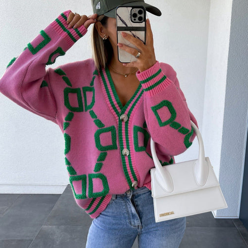Thick knit cardigan for women with a unique graphic pattern and classic button details Amarae