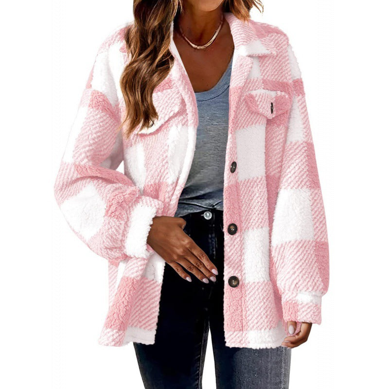 Women's Checkered Teddy Shirt Jacket in Oversized Shacket Style Amarae