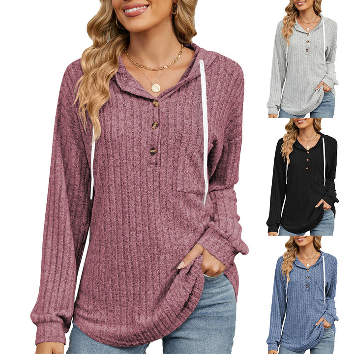 Casual hooded sweatshirt for women with button placket and textured design Lune London