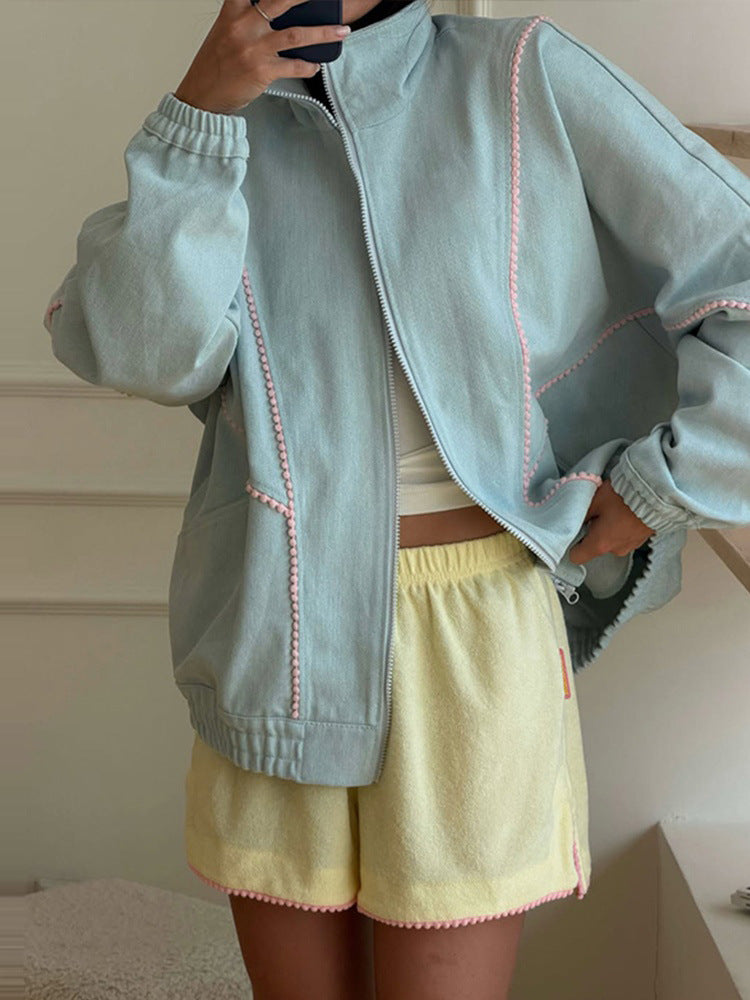 Women's Terry Loungewear Set with Zip Jacket, Oversized Cut & Pom Pom Trim Amarae
