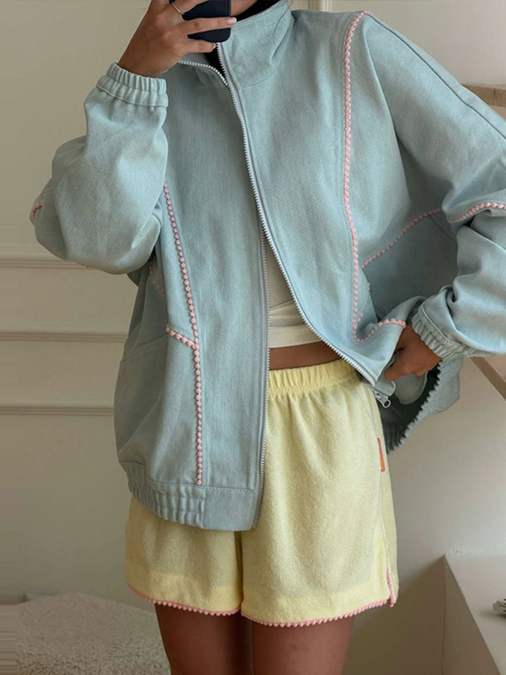 Women's Terry Loungewear Set with Zip Jacket, Oversized Cut & Pom Pom Trim Amarae