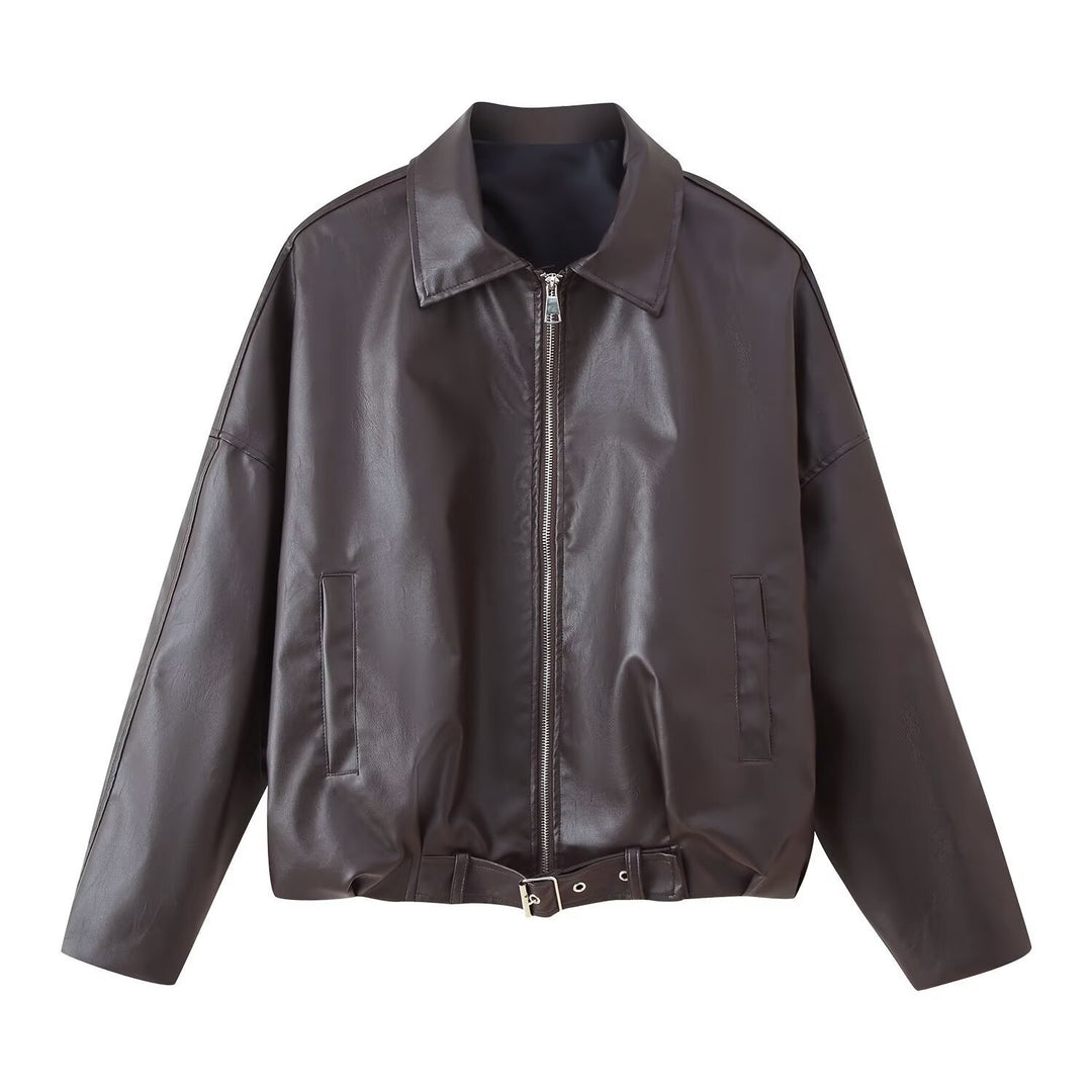 Women Oversized Leatherette Blouson with Waist Belt Amarae