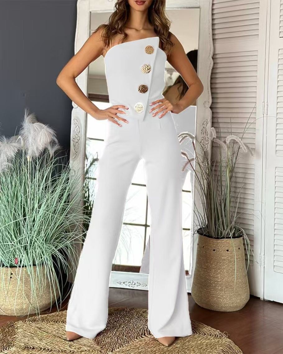 Ladies Elegant jumpsuit with off-shoulder design and decorative buttons Lune London