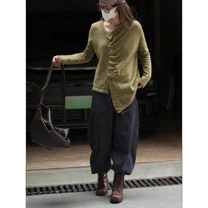 Women's Asymmetric Mohair-Look Cardigan with Offset Button Placket and Pointed Hem