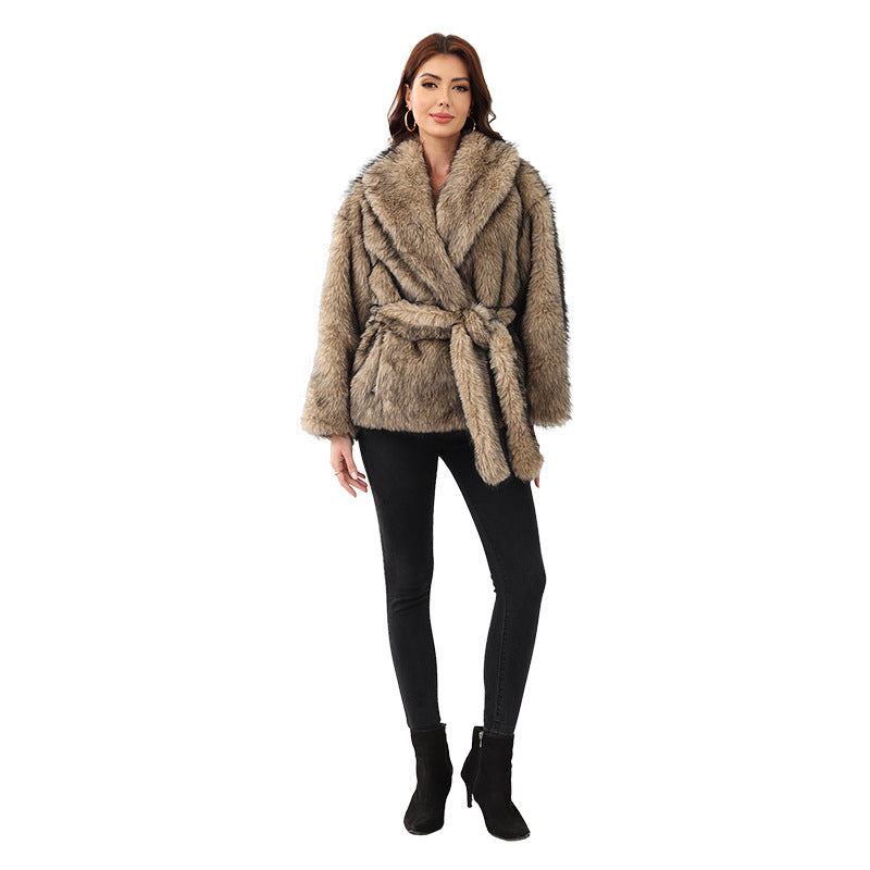 Ladies Elegant Faux Fur Coat with Belt and Wide Lapels Lune London