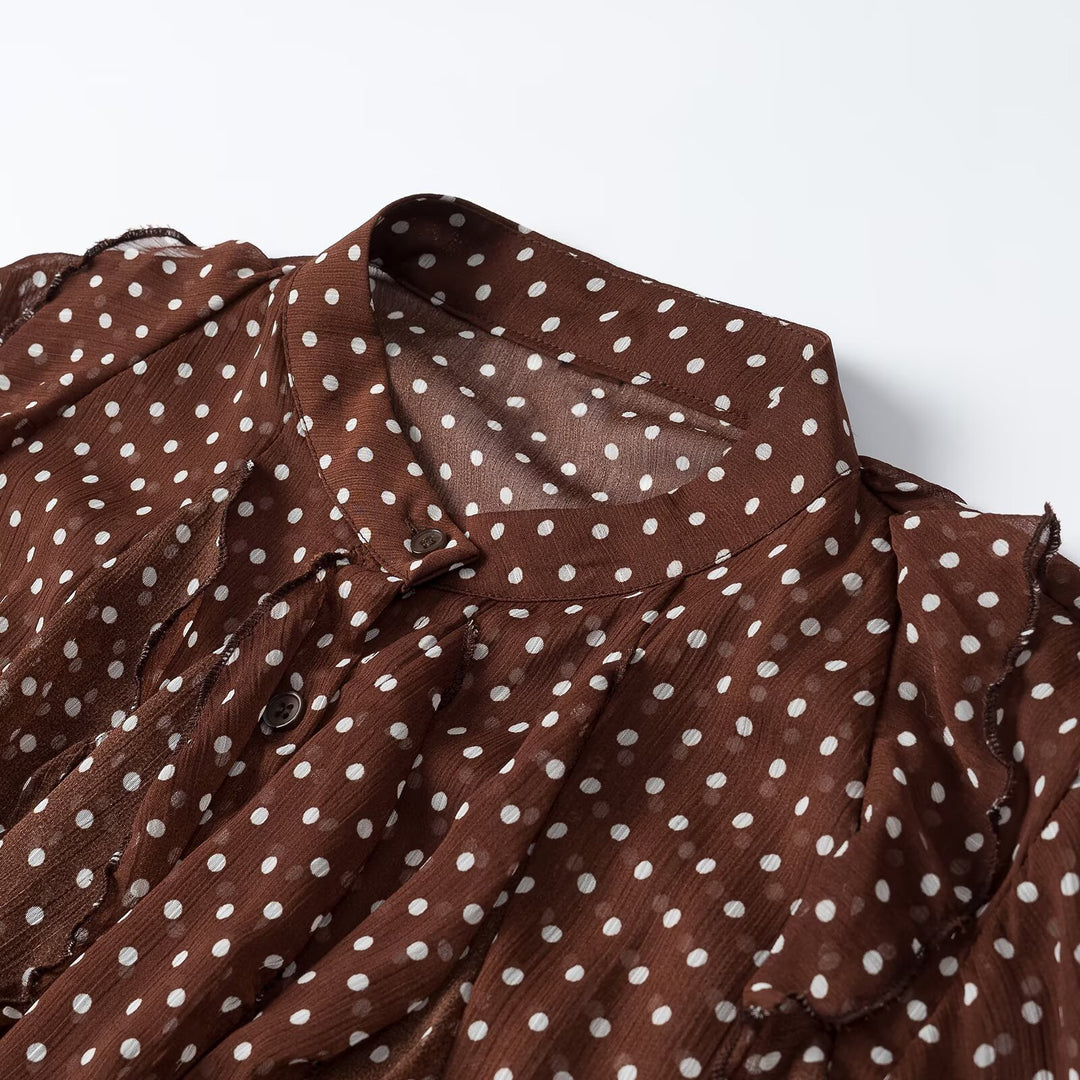 Women's semi-transparent chiffon blouse with dots, ruffle details and bow collar Amarae