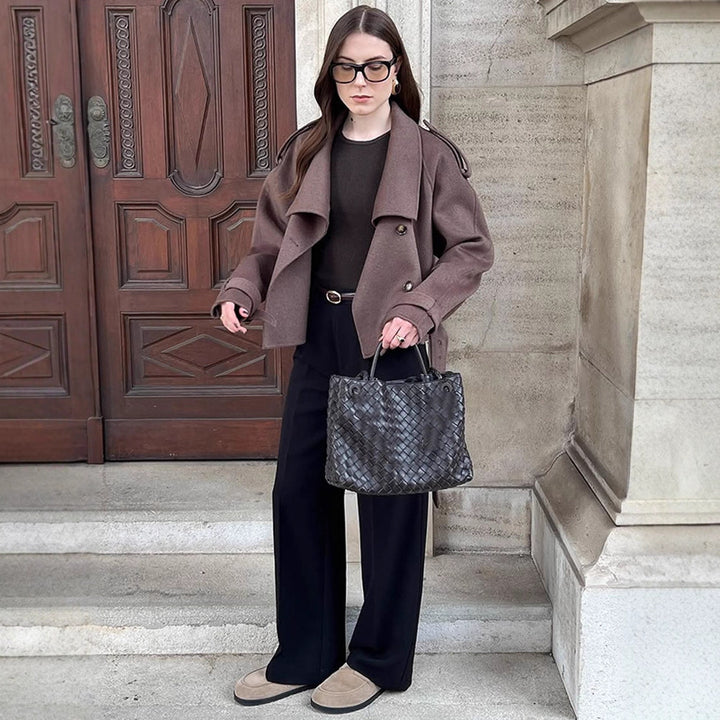 Women's Short Double-Breasted Wool Blend Peacoat with Dropped Shoulders and Epaulettes Amarae