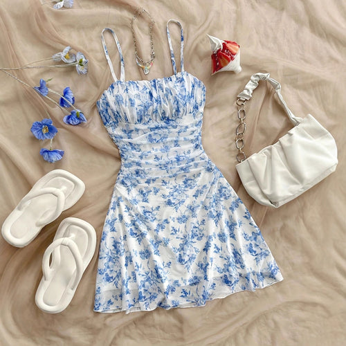 Women's summer floral dress with spaghetti straps and gathers Amarae