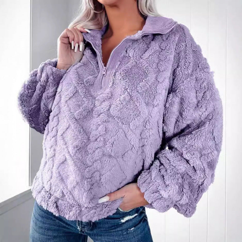 Cozy fleece sweater for women with high collar and half-zip Lune London