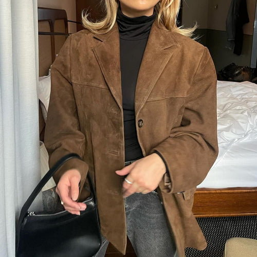 Long suede coat for women with adjustable belt and trendy collar Amarae