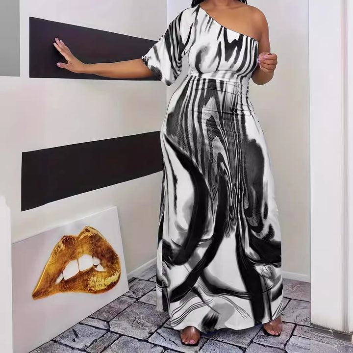 Maxi dress for women with asymmetric cut and elegant pattern Lune London