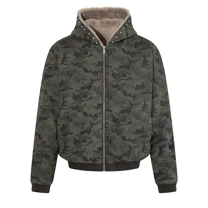 Women's padded camouflage bomber jacket with teddy lining, hood, and ribbed cuffs Amarae