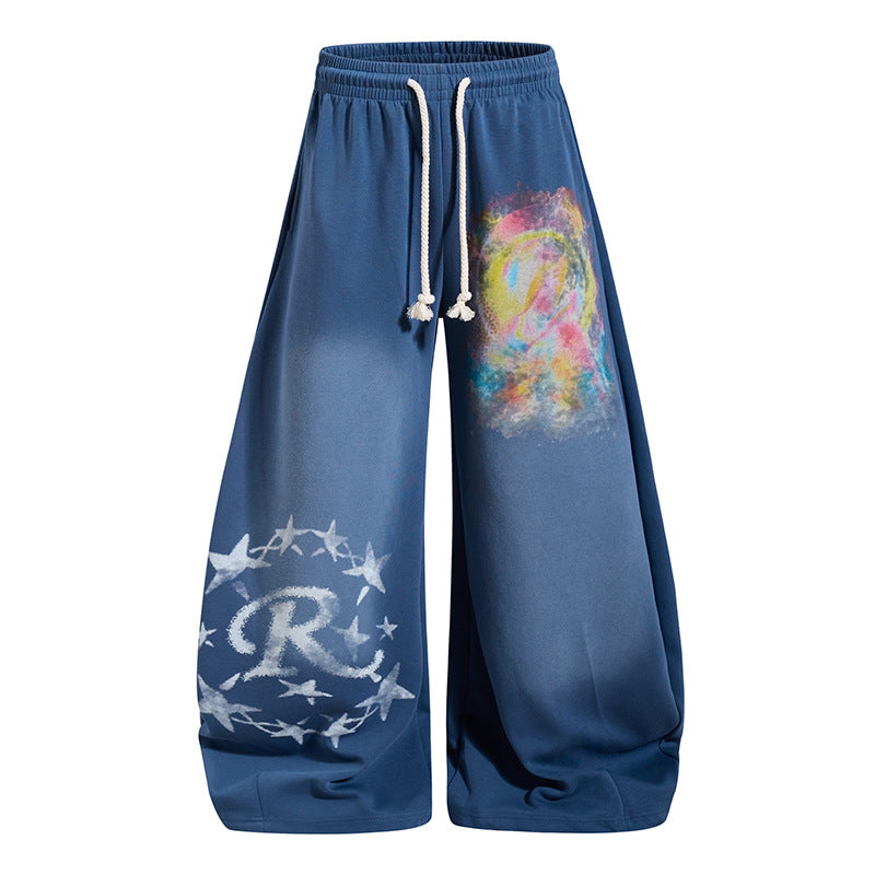Women Wide Palazzo Sweatpants with Elastic Waistband, Drawstring and Creative Allover Prints Amarae