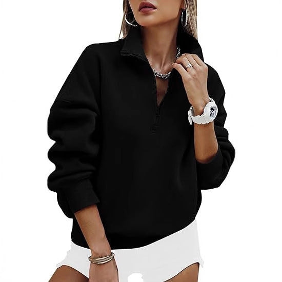 Hooded sweatshirt for women with short zip and offset shoulders Lune London