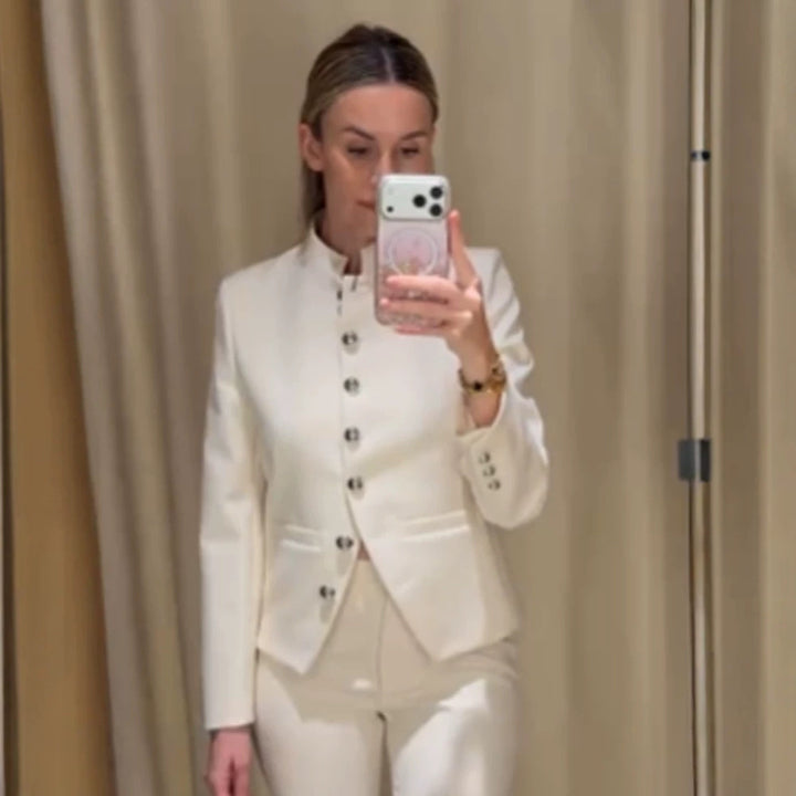 Women Tailored Blazer with Stand Collar and Silver Decorative Buttons Amarae