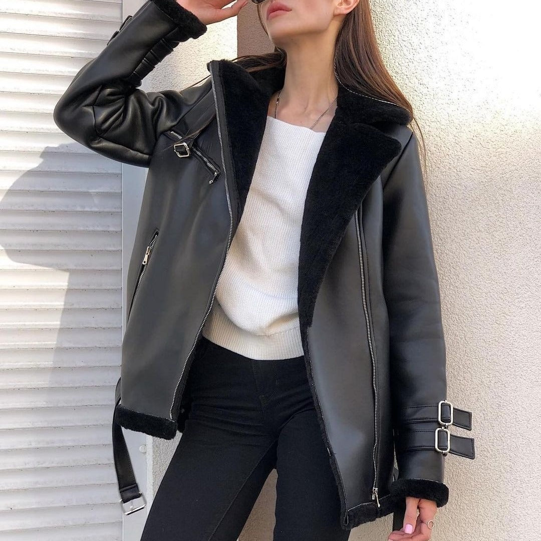 Trendy synthetic leather jacket for women with soft lining and side zippers Lune London
