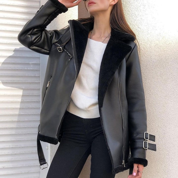 Trendy synthetic leather jacket for women with soft lining and side zippers Lune London
