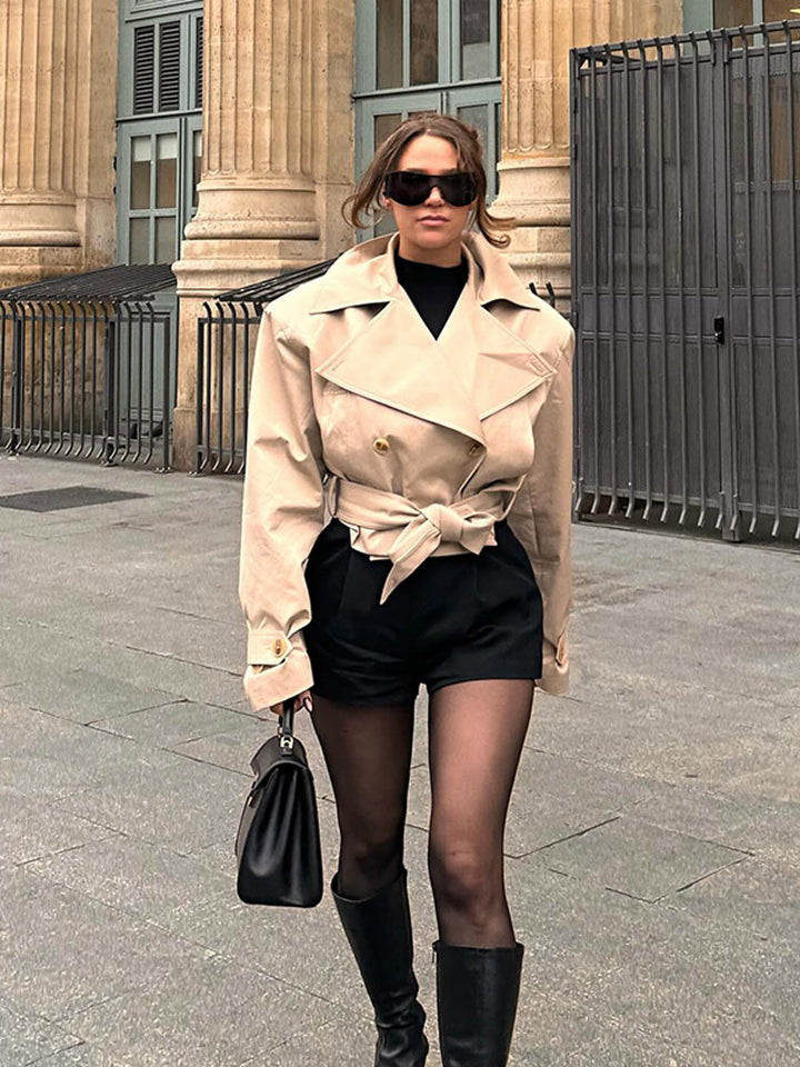 Women Short Double-Breasted Trench Coat with Waist Belt and Wide Lapel Amarae
