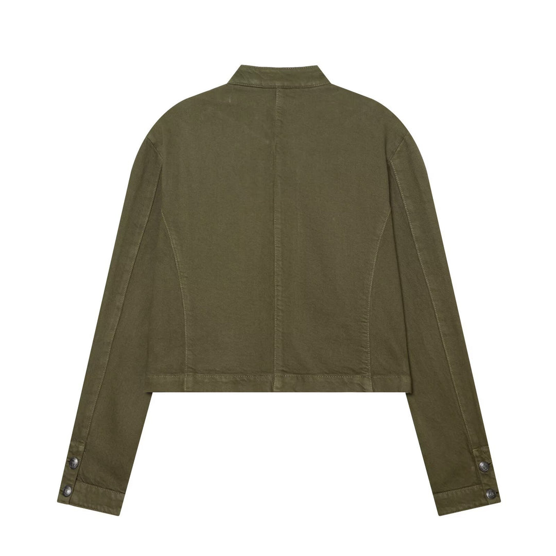 Women's Short Military-inspired Jacket with Stand Collar, Decorative Button Plackets and Full Zip Amarae