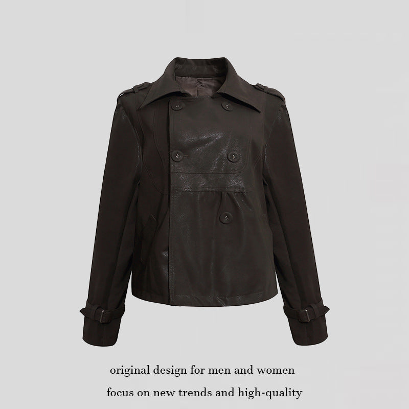 Women's Cropped Double-Breasted Leather Jacket in Trench Style with Epaulettes Amarae