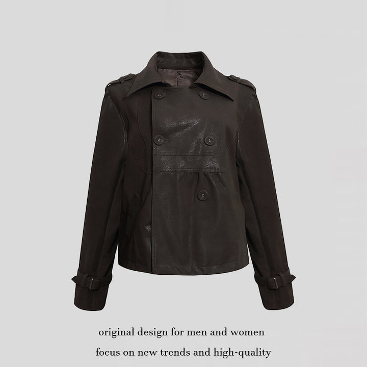 Women's Cropped Double-Breasted Leather Jacket in Trench Style with Epaulettes Amarae